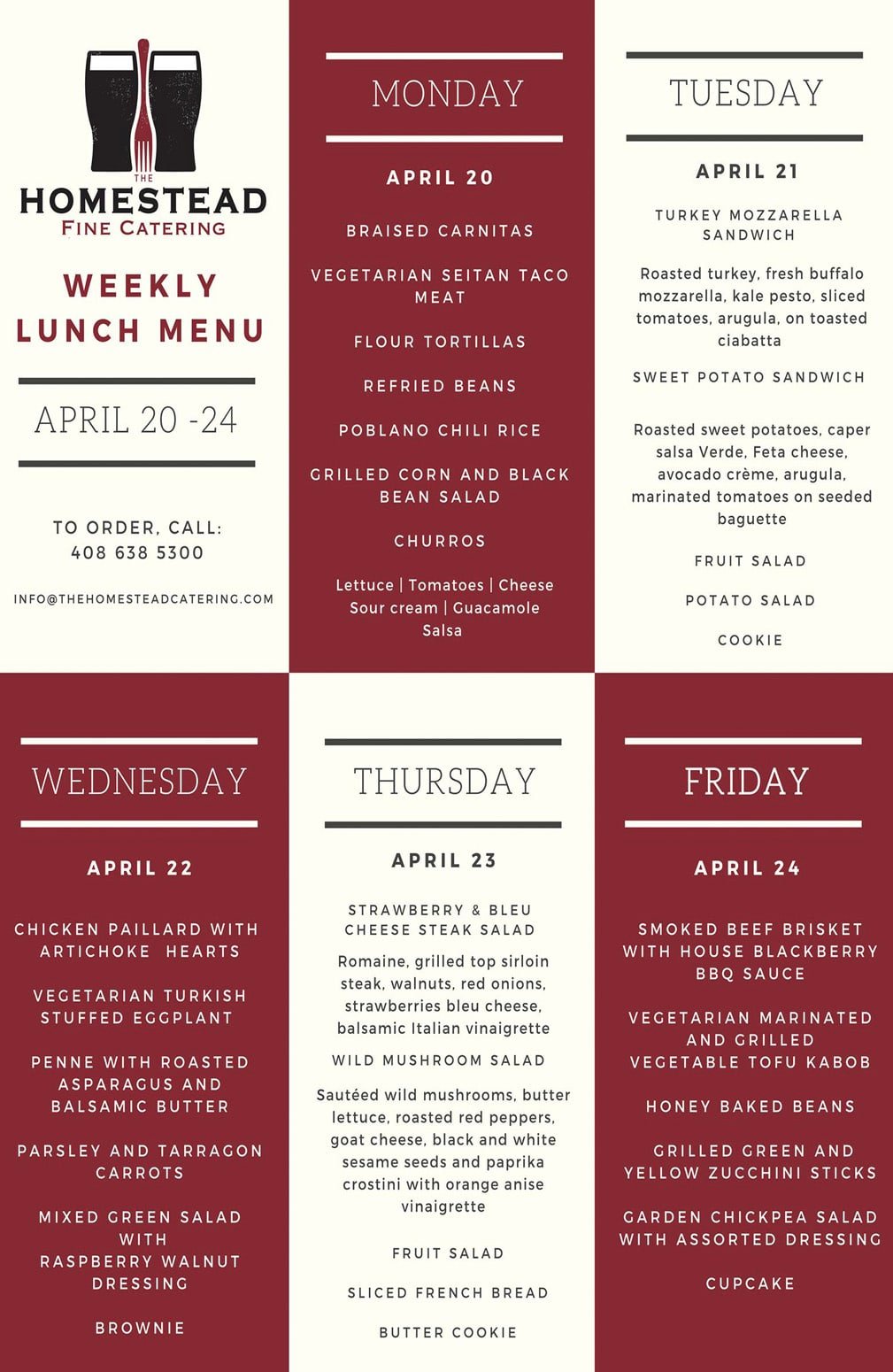 Homestead fine catering weekly lunch menu April 20-24