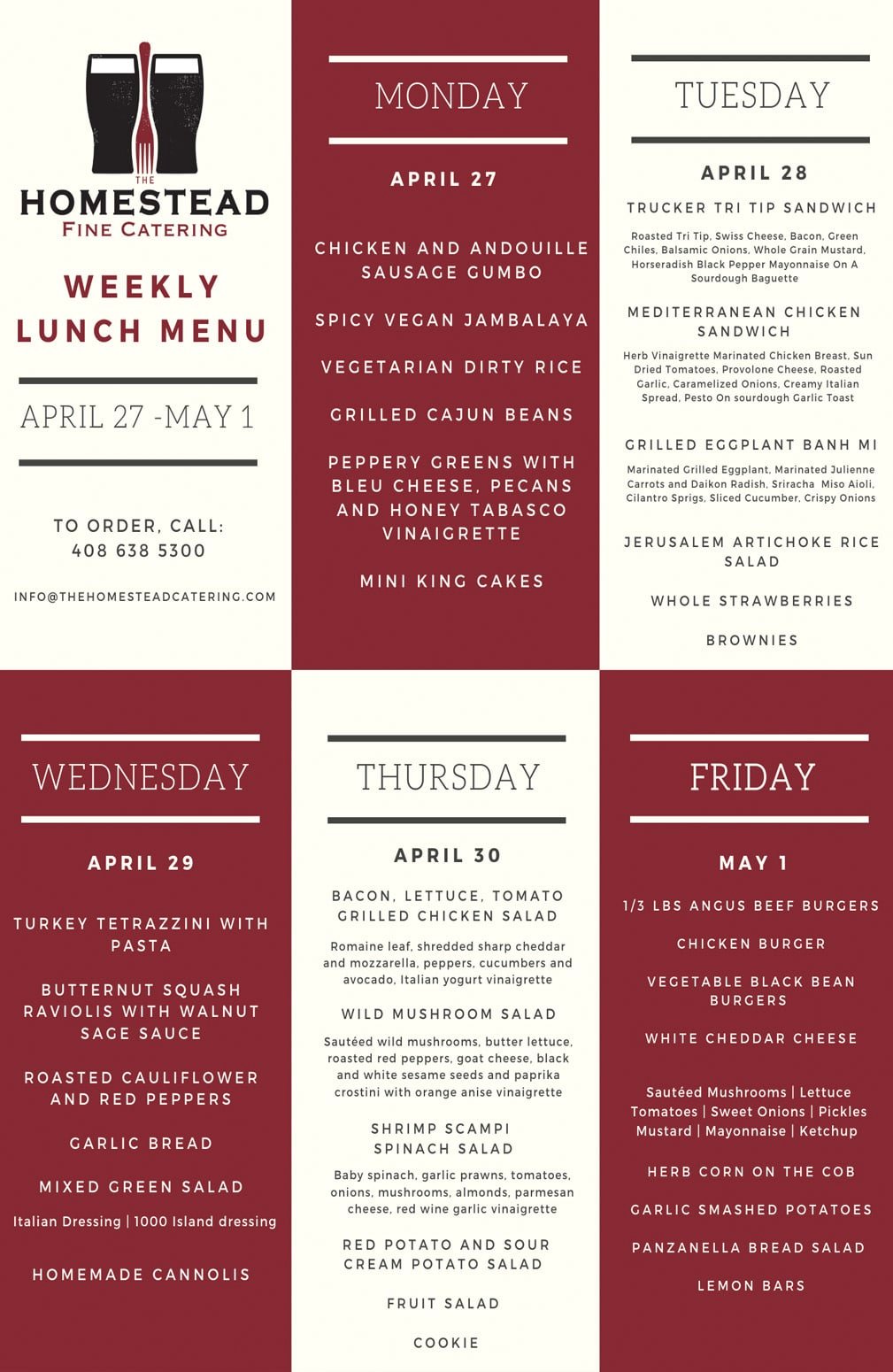 Homestead fine catering weekly lunch menu april 27 may 1