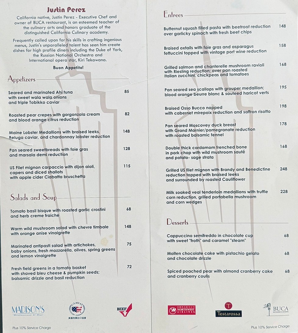 Madison's menu front back